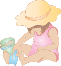 Illustrazione di una bambina in costume e cappellino, che sulla spiaggia sta giocando con paletta e secchiello